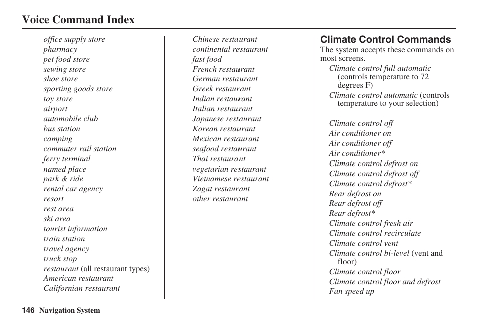 Voice command index | Acura 2008 RDX 31STK810 User Manual | Page 147 / 161
