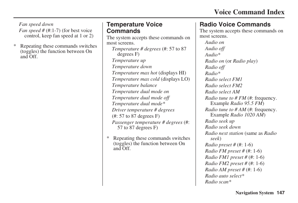 Voice command index | Acura 2008 RDX 31STK810 User Manual | Page 148 / 161