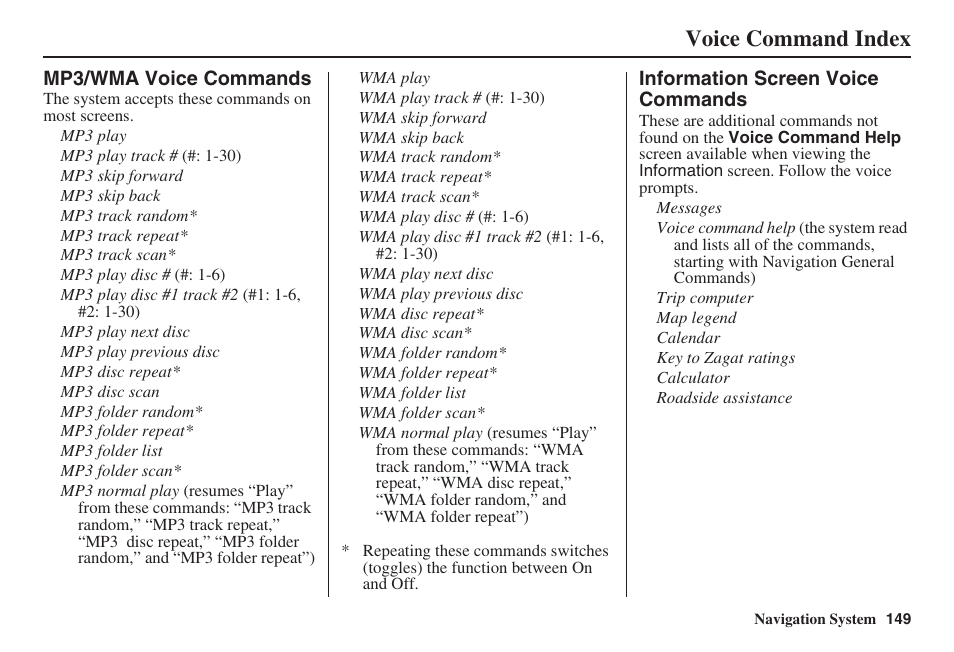 Voice command index | Acura 2008 RDX 31STK810 User Manual | Page 150 / 161