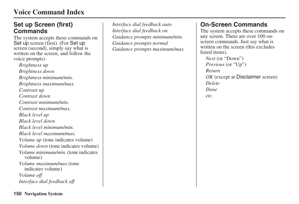 Voice command index | Acura 2008 RDX 31STK810 User Manual | Page 151 / 161