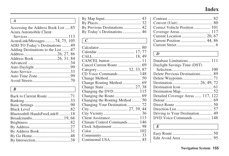 Index | Acura 2008 RDX 31STK810 User Manual | Page 156 / 161