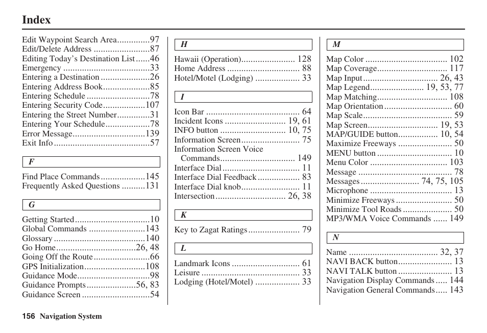 Index | Acura 2008 RDX 31STK810 User Manual | Page 157 / 161