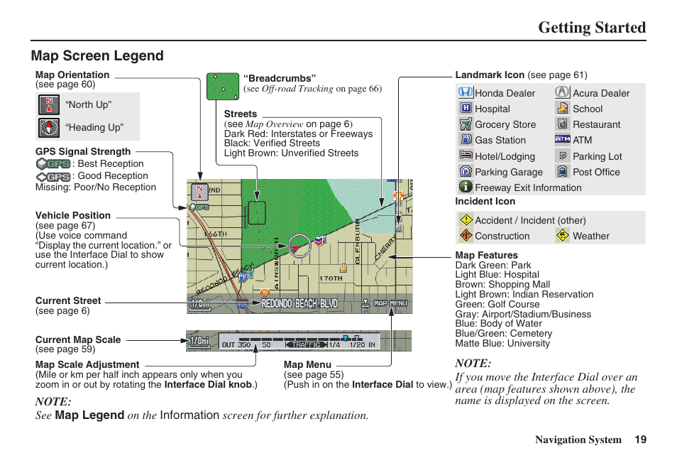 Getting started, Map screen legend | Acura 2008 RDX 31STK810 User Manual | Page 20 / 161