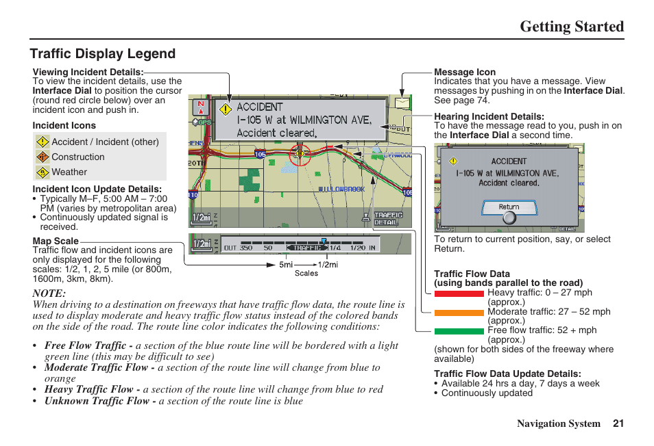 Getting started, Traffic display legend | Acura 2008 RDX 31STK810 User Manual | Page 22 / 161