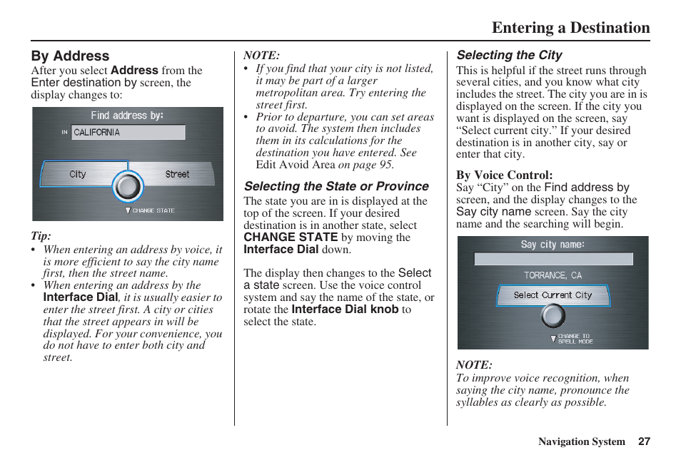 Entering a destination | Acura 2008 RDX 31STK810 User Manual | Page 28 / 161