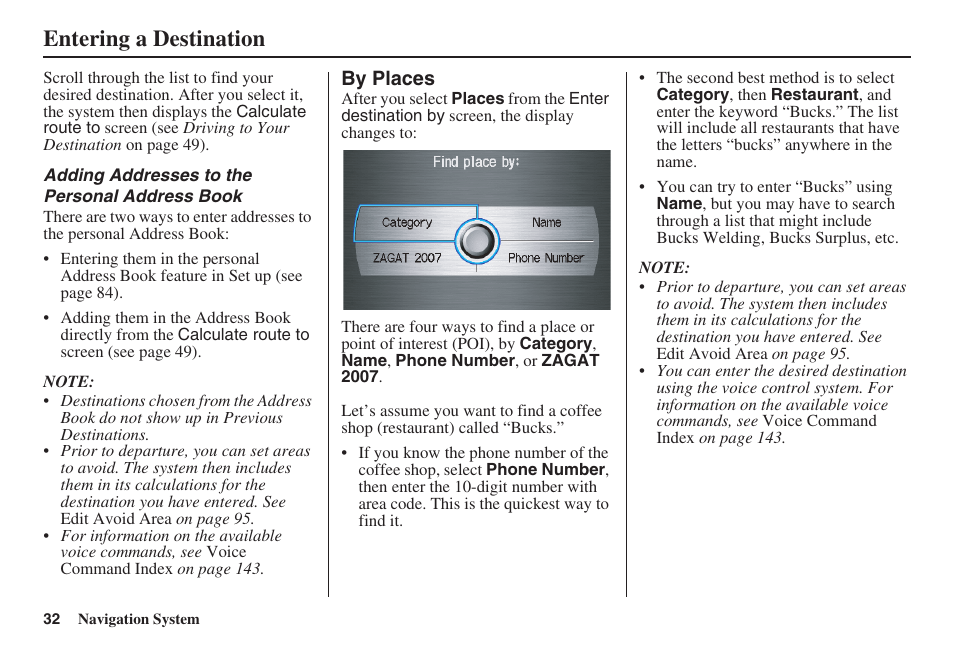Entering a destination | Acura 2008 RDX 31STK810 User Manual | Page 33 / 161