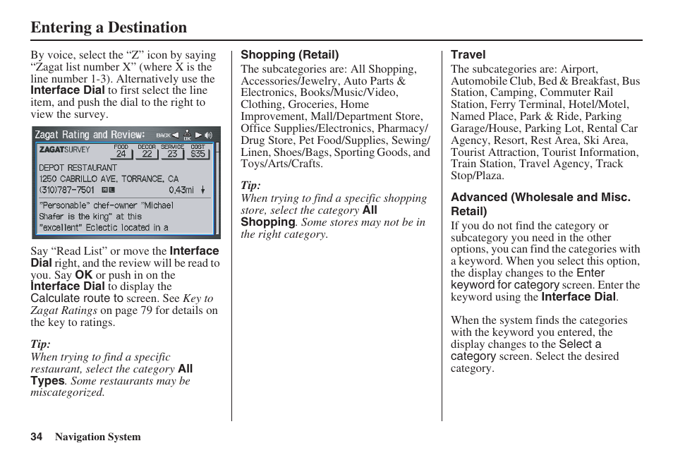 Entering a destination | Acura 2008 RDX 31STK810 User Manual | Page 35 / 161