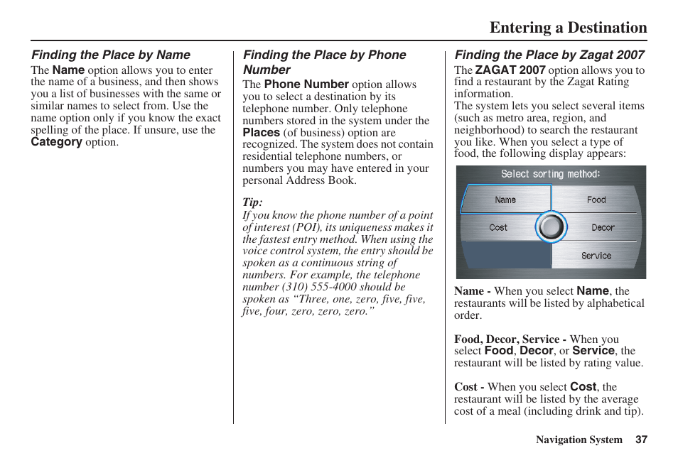 Entering a destination | Acura 2008 RDX 31STK810 User Manual | Page 38 / 161