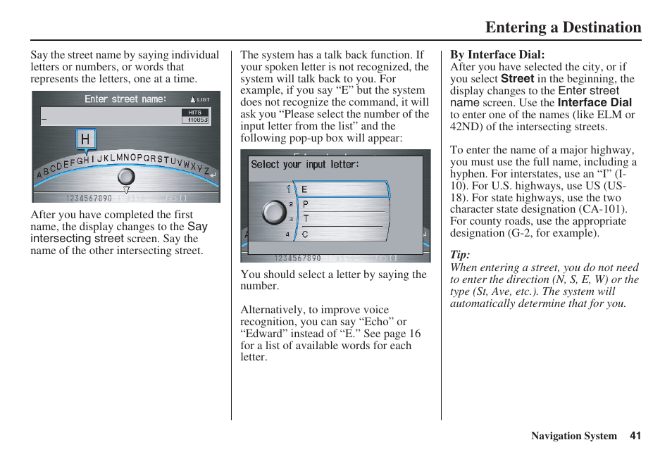 Entering a destination | Acura 2008 RDX 31STK810 User Manual | Page 42 / 161