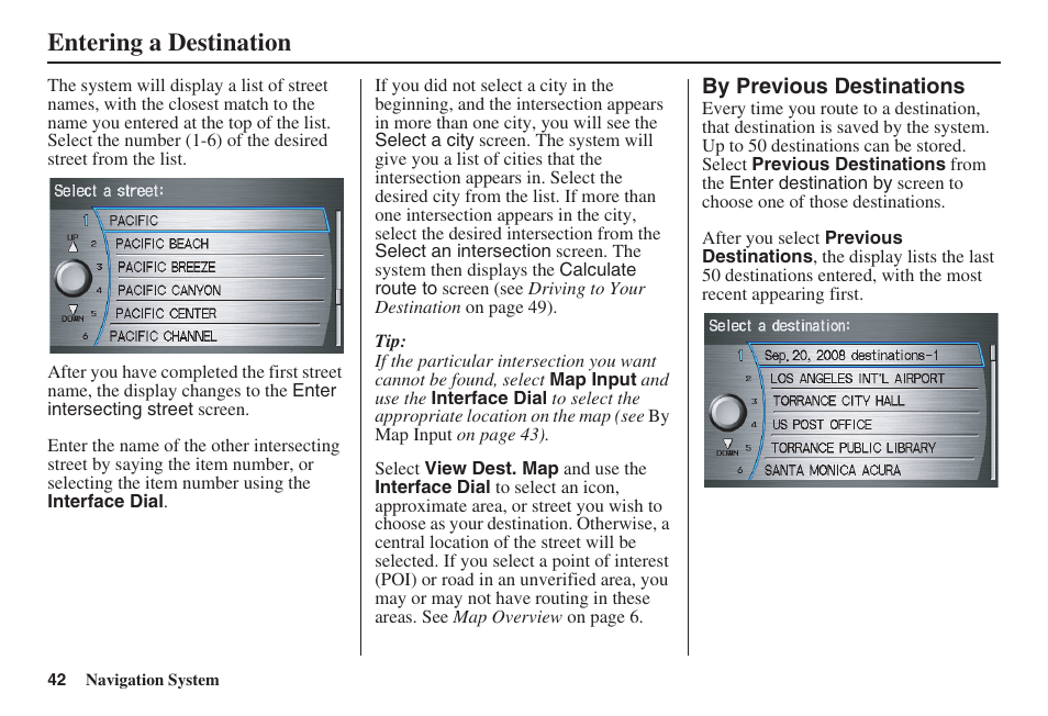 Entering a destination | Acura 2008 RDX 31STK810 User Manual | Page 43 / 161