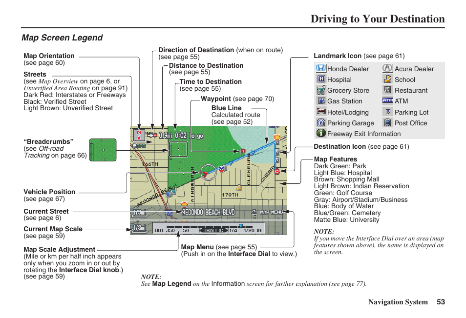 Driving to your destination, Map screen legend | Acura 2008 RDX 31STK810 User Manual | Page 54 / 161