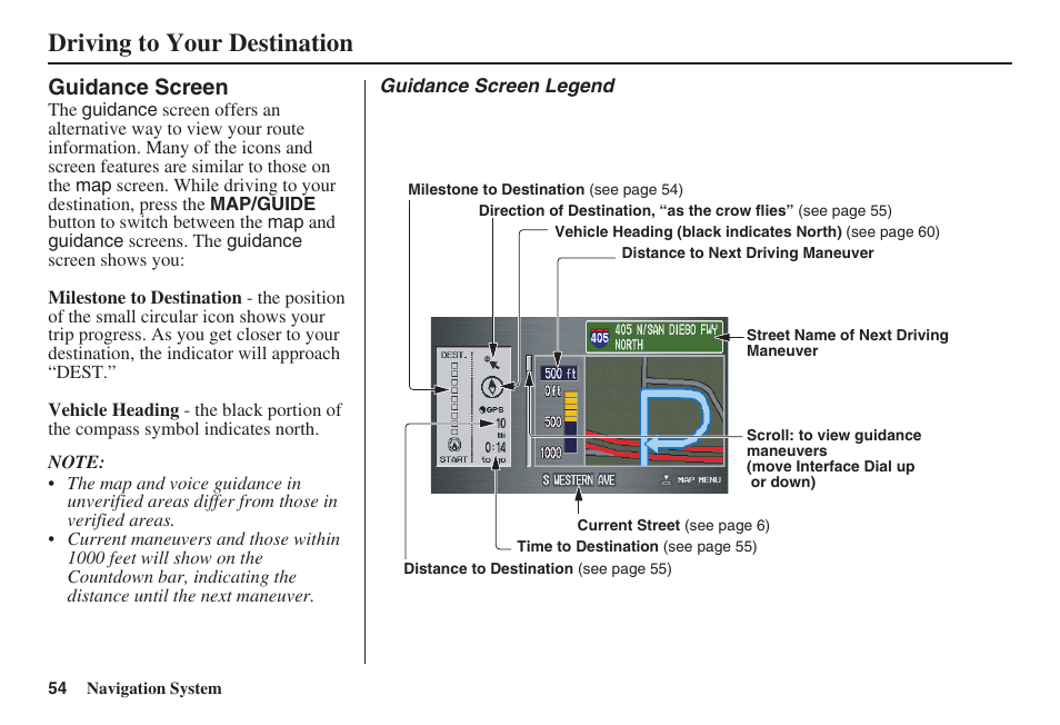 Driving to your destination, Guidance screen | Acura 2008 RDX 31STK810 User Manual | Page 55 / 161