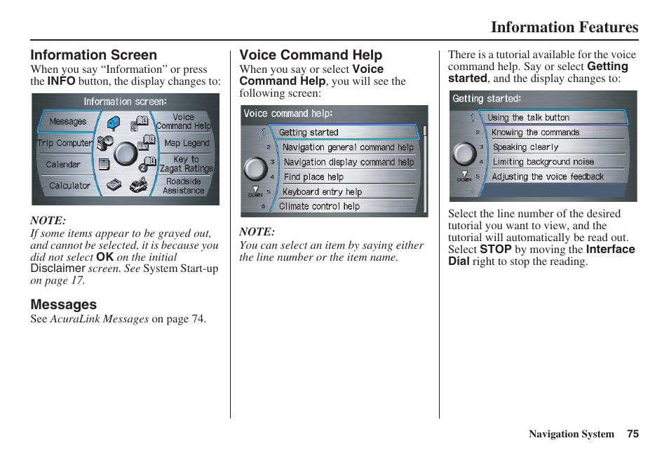 Information features | Acura 2008 RDX 31STK810 User Manual | Page 76 / 161