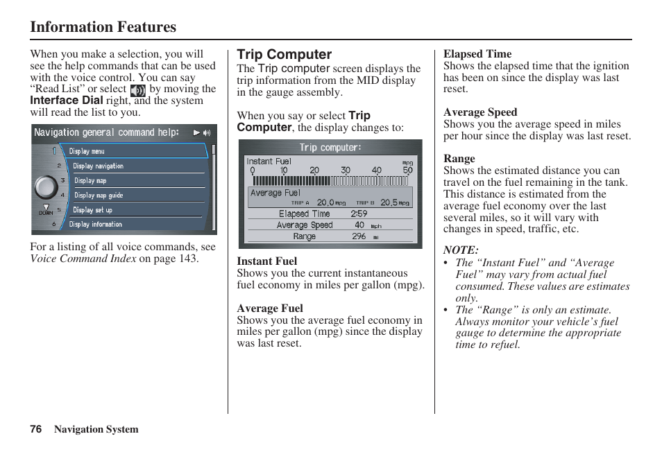 Information features | Acura 2008 RDX 31STK810 User Manual | Page 77 / 161
