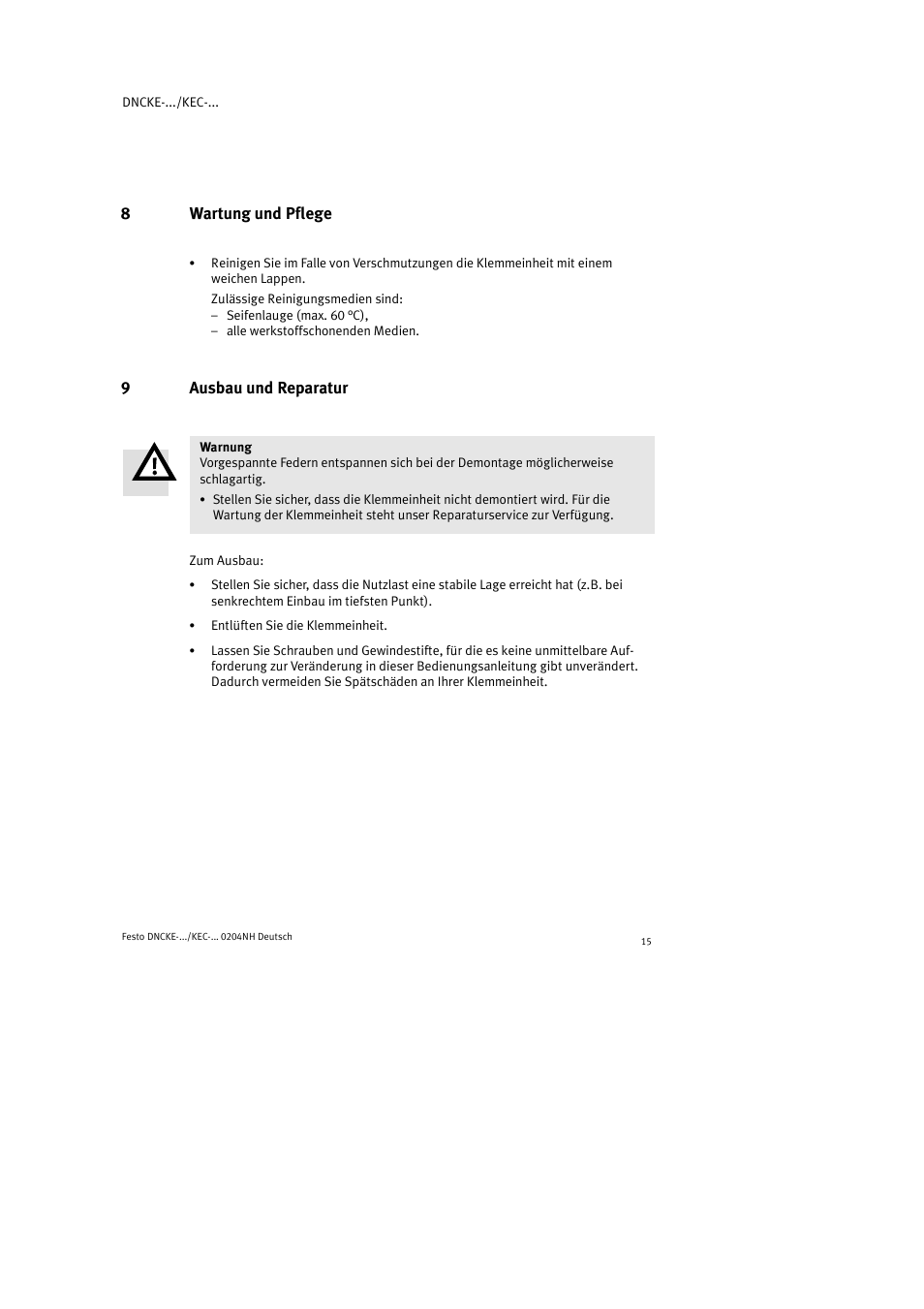 8wartung und pflege, 9ausbau und reparatur | Festo Фиксаторы KPE User Manual | Page 15 / 100