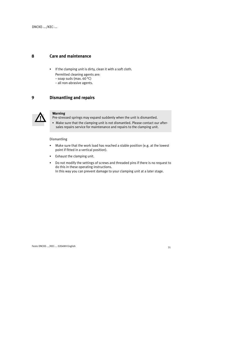 8care and maintenance, 9dismantling and repairs | Festo Фиксаторы KPE User Manual | Page 31 / 100