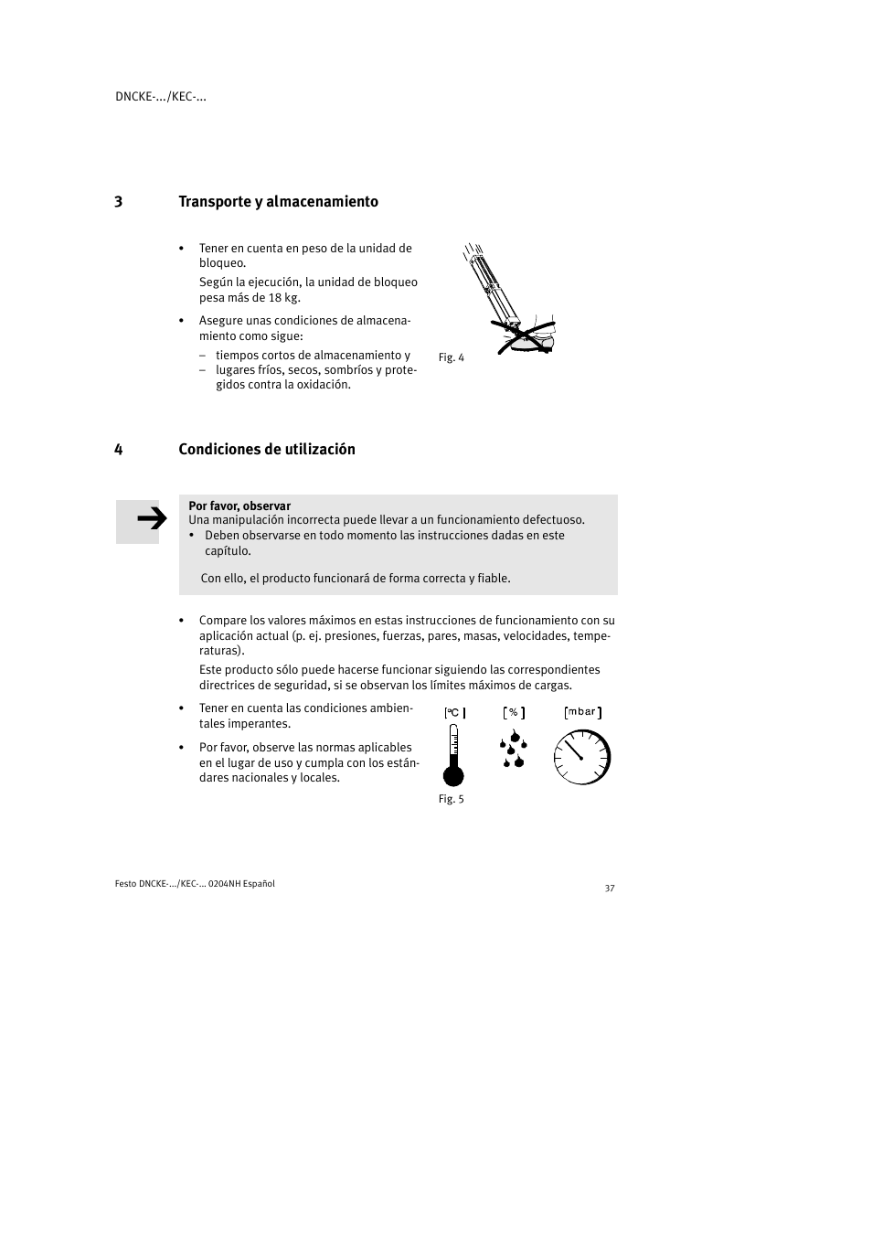 3transporte y almacenamiento, 4condiciones de utilización | Festo Фиксаторы KPE User Manual | Page 37 / 100