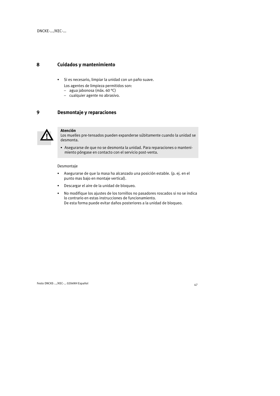 8cuidados y mantenimiento, 9desmontaje y reparaciones | Festo Фиксаторы KPE User Manual | Page 47 / 100