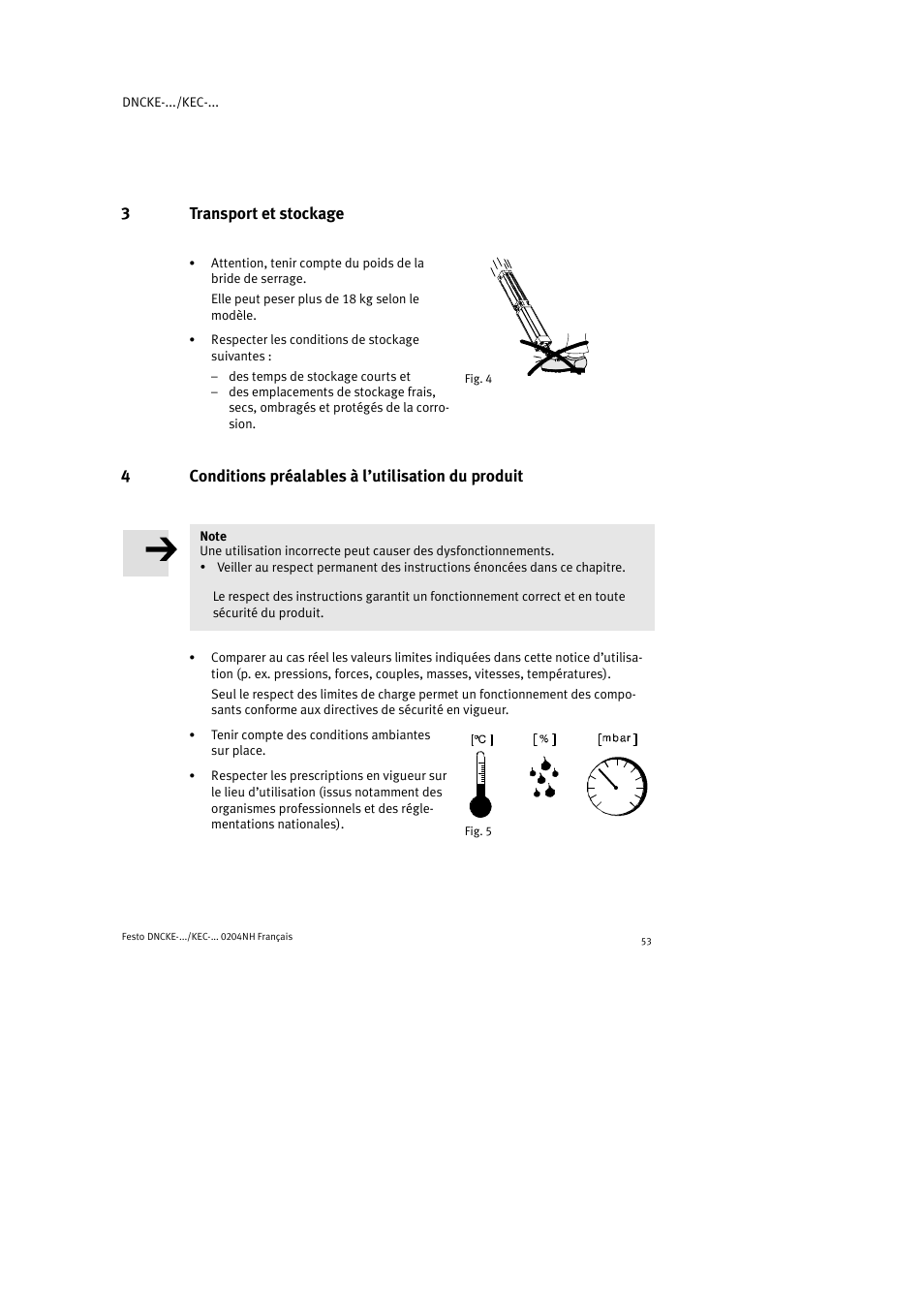 3transport et stockage, 4conditions préalables à l’utilisation du produit | Festo Фиксаторы KPE User Manual | Page 53 / 100