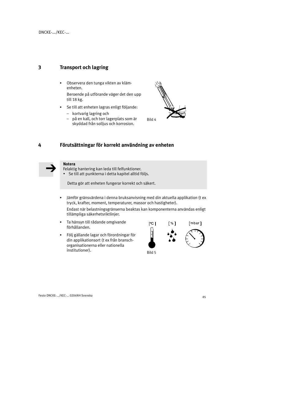 3transport och lagring, 4förutsättningar för korrekt användning av enheten | Festo Фиксаторы KPE User Manual | Page 85 / 100