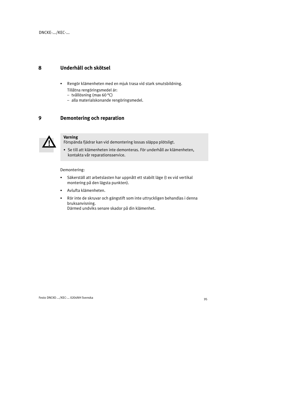 8underhåll och skötsel, 9demontering och reparation | Festo Фиксаторы KPE User Manual | Page 95 / 100