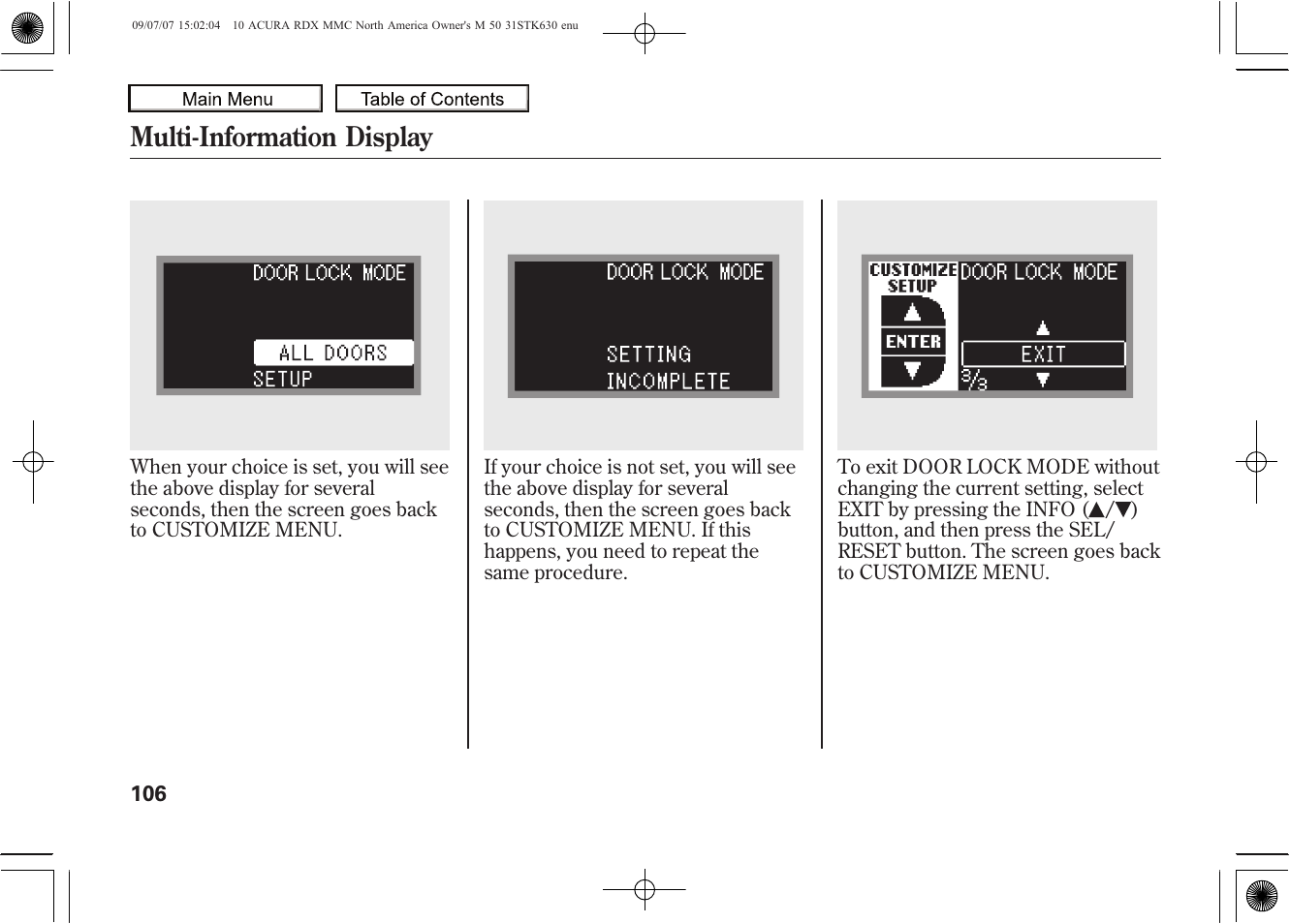 Multi-information display | Acura 2010 RDX User Manual | Page 110 / 514