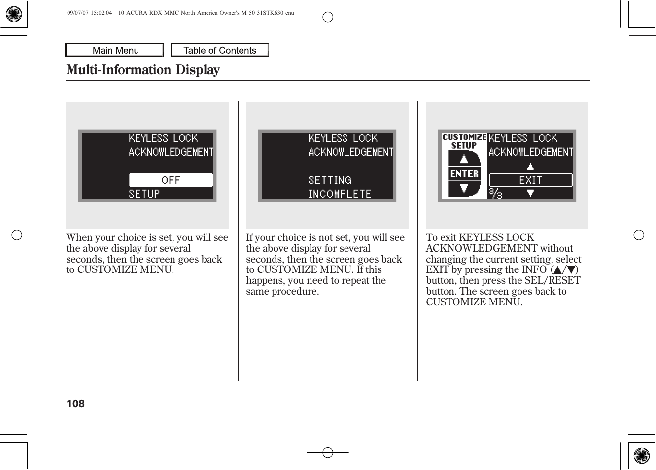 Multi-information display | Acura 2010 RDX User Manual | Page 112 / 514