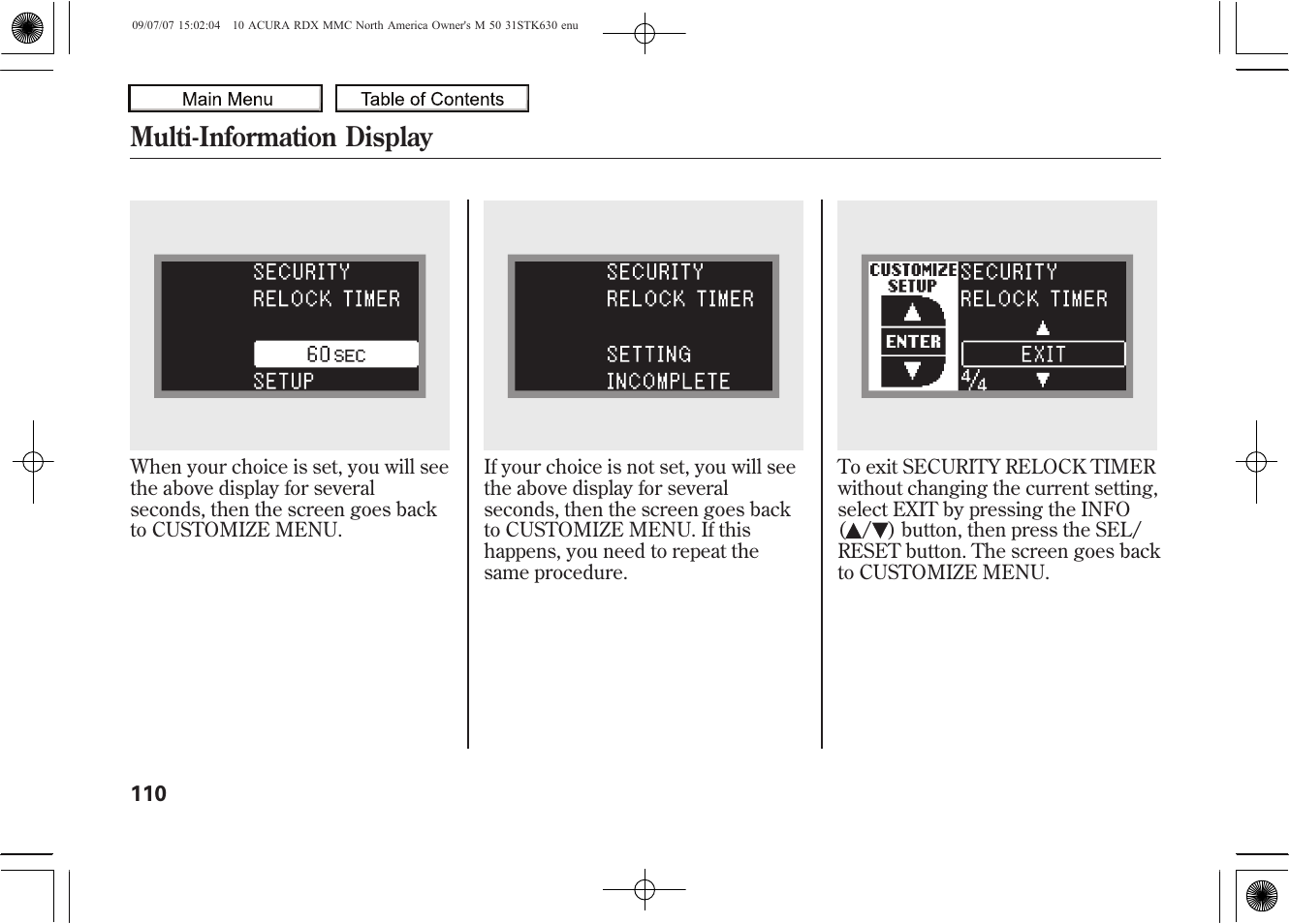 Multi-information display | Acura 2010 RDX User Manual | Page 114 / 514