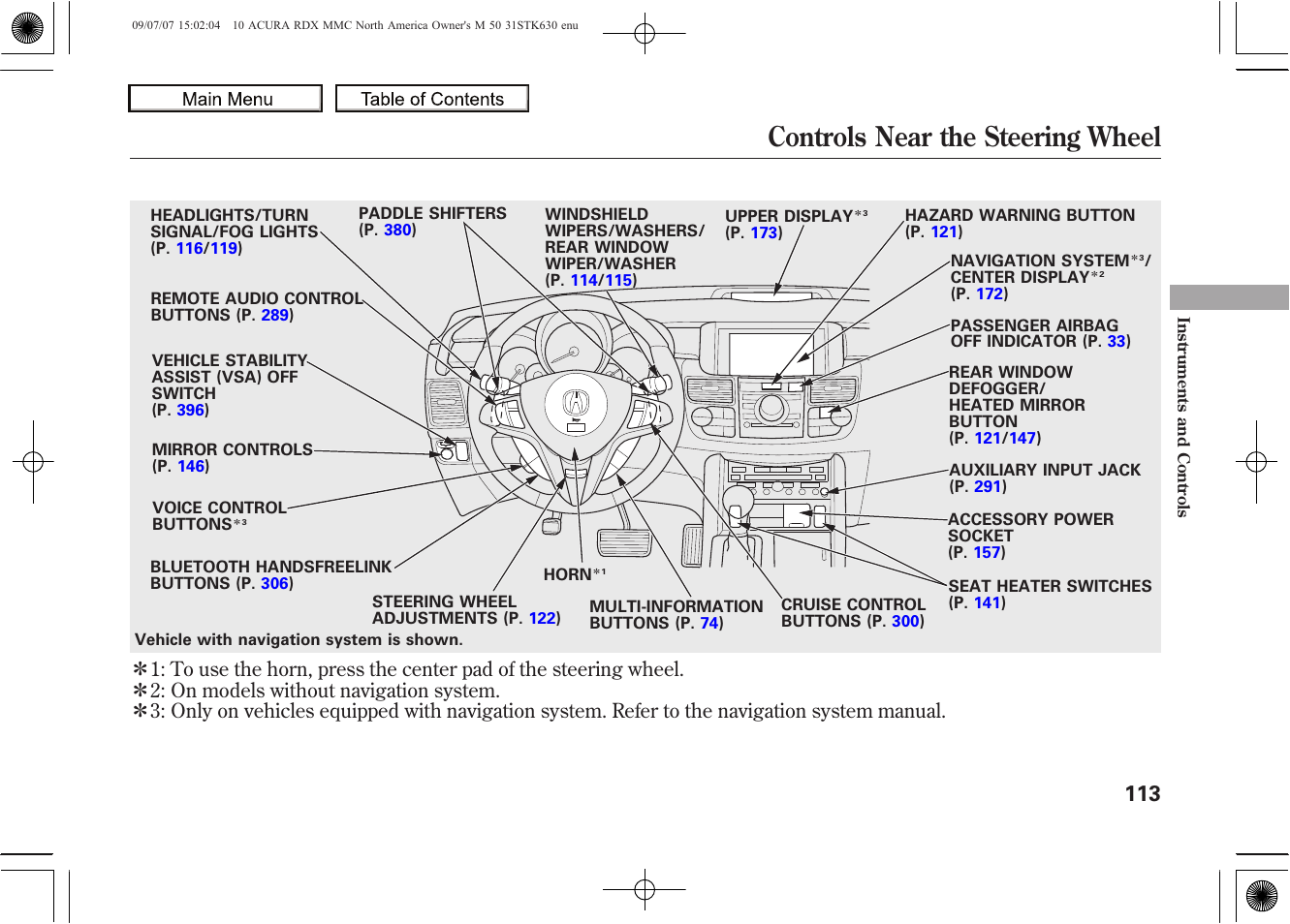 Controls near the steering wheel, 2010 rdx | Acura 2010 RDX User Manual | Page 117 / 514