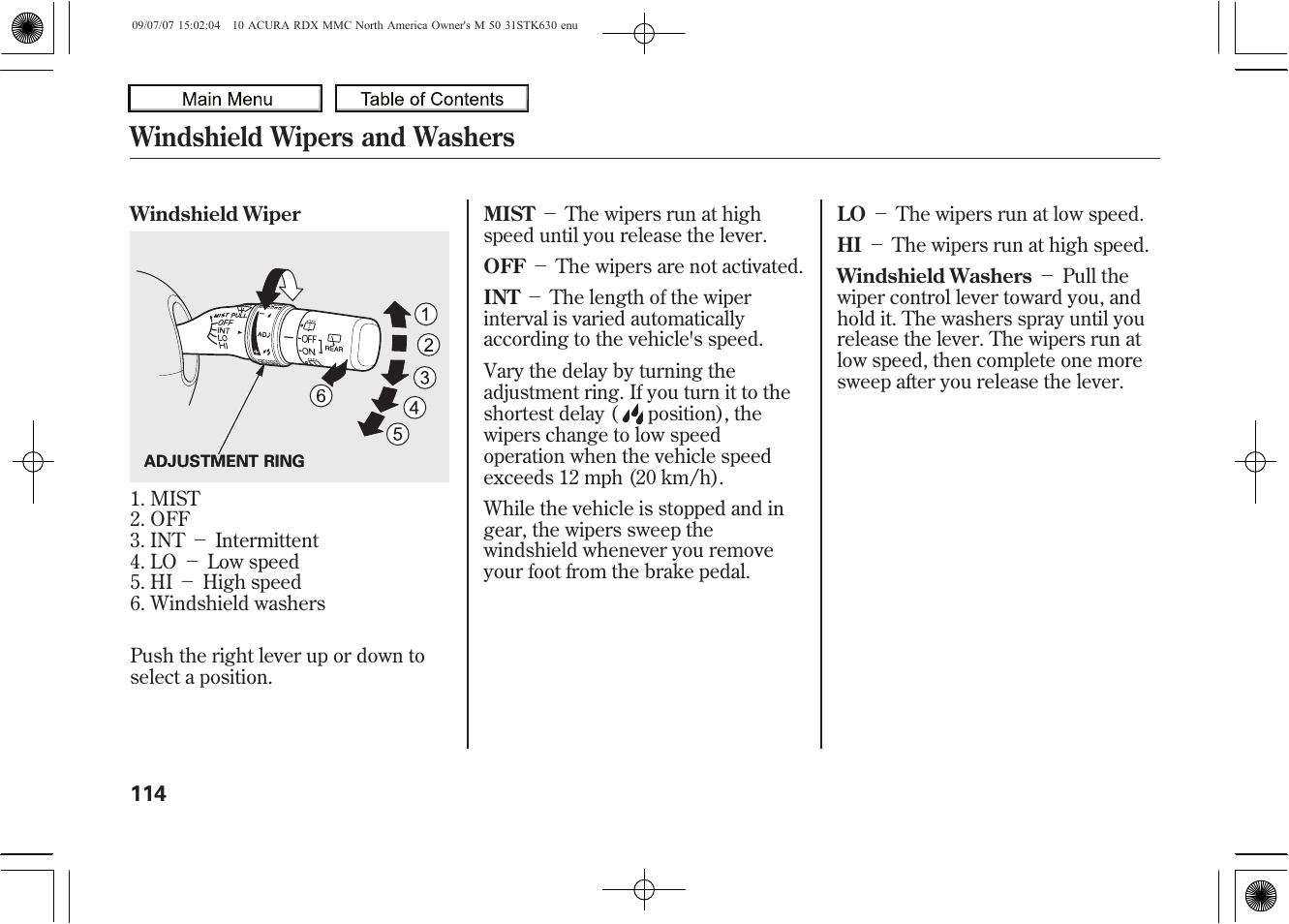 Windshield wipers and washers, 2010 rdx | Acura 2010 RDX User Manual | Page 118 / 514