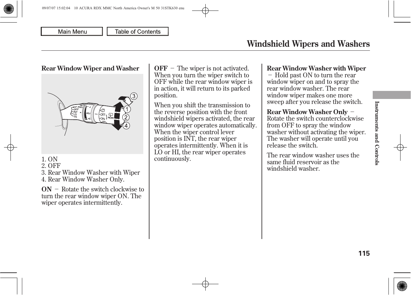 Windshield wipers and washers, 2010 rdx | Acura 2010 RDX User Manual | Page 119 / 514