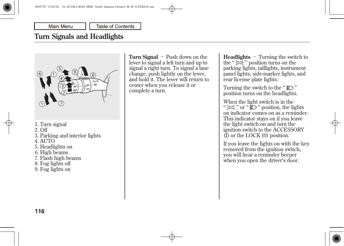 Turn signals and headlights, 2010 rdx | Acura 2010 RDX User Manual | Page 120 / 514