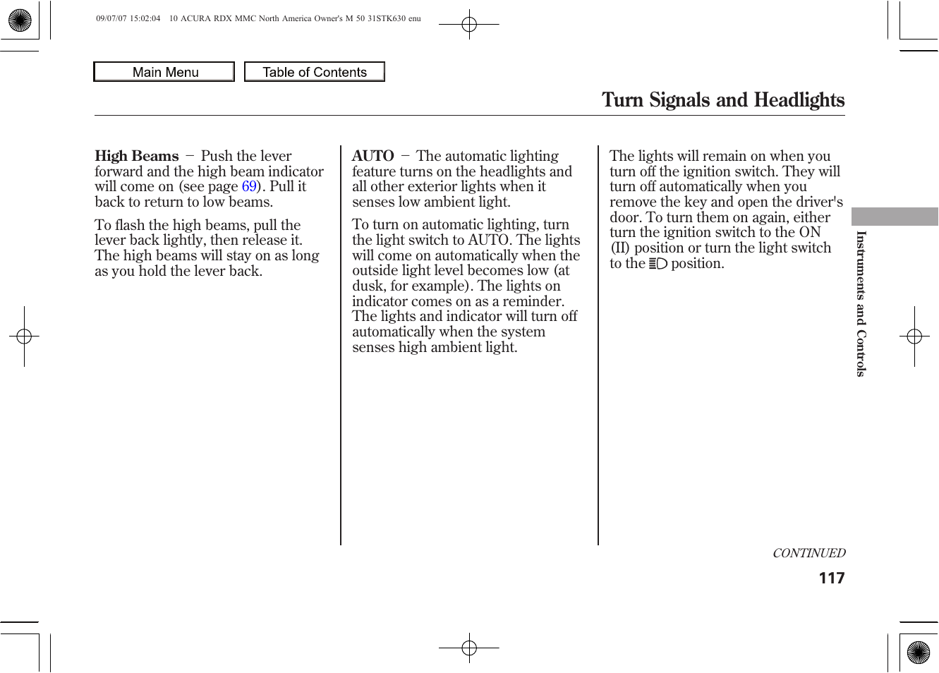 Turn signals and headlights, 2010 rdx | Acura 2010 RDX User Manual | Page 121 / 514