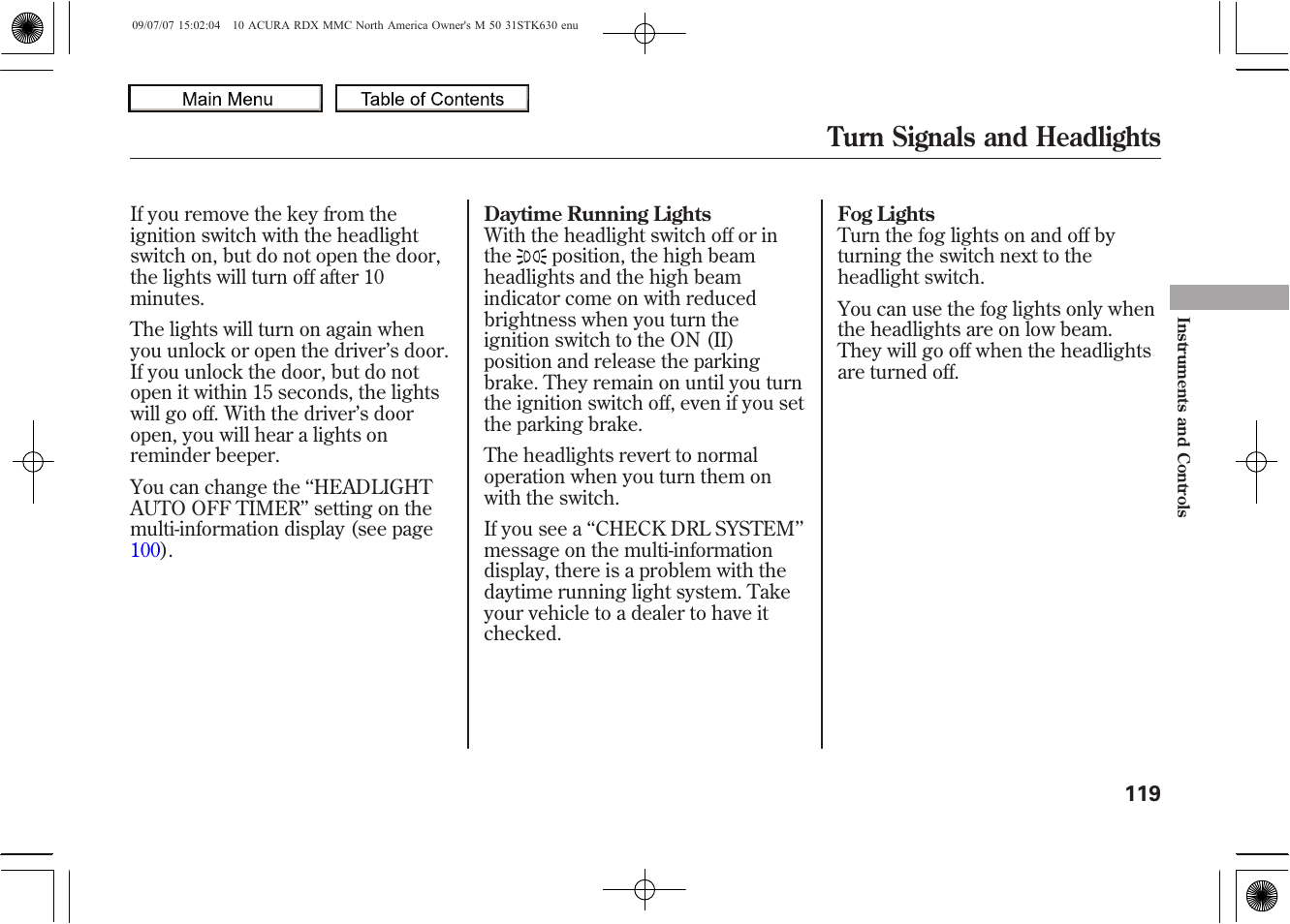Turn signals and headlights, 2010 rdx | Acura 2010 RDX User Manual | Page 123 / 514