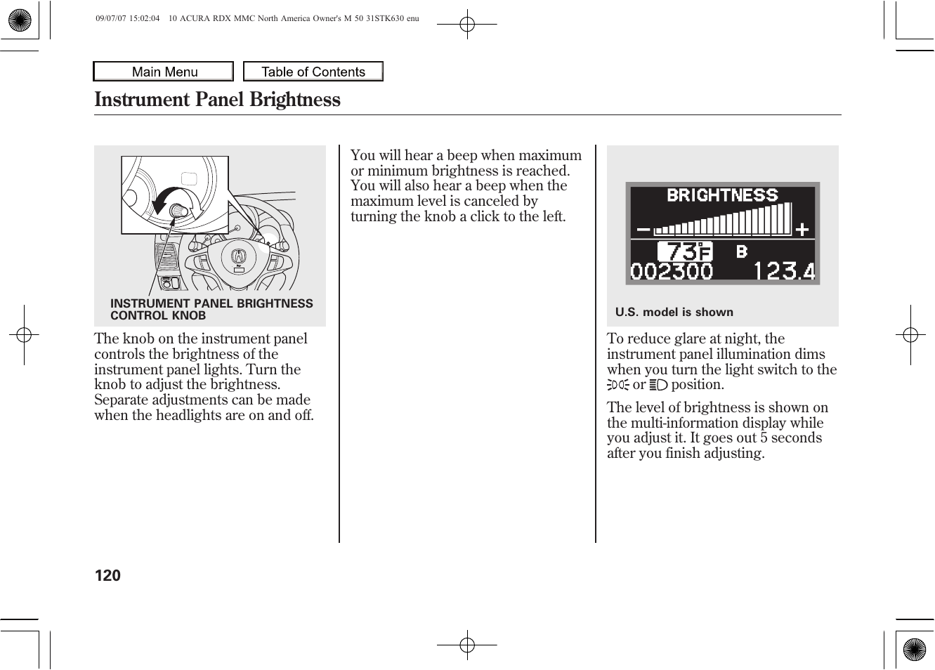 Instrument panel brightness, 2010 rdx | Acura 2010 RDX User Manual | Page 124 / 514