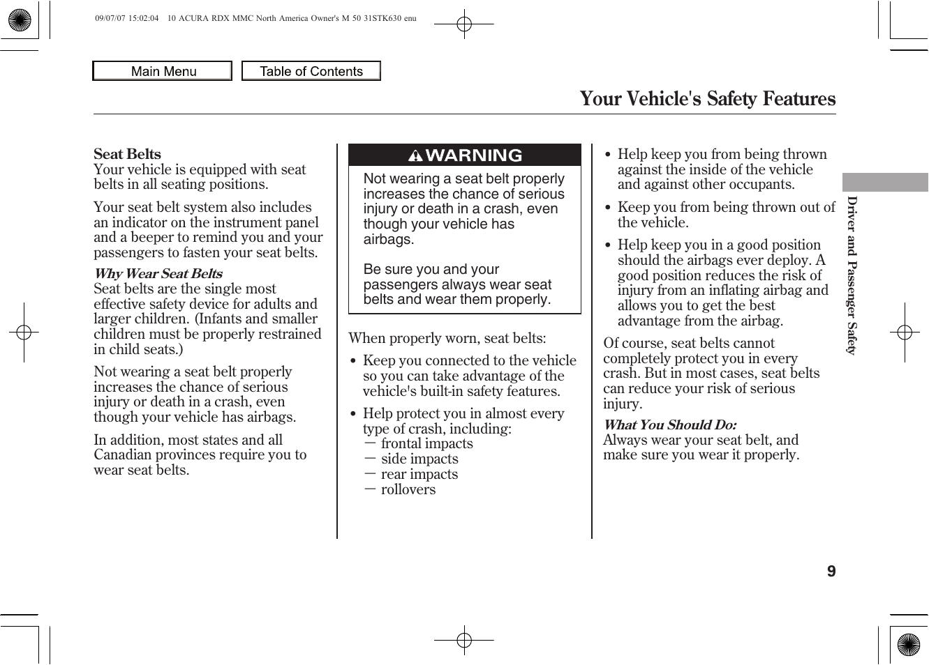 Your vehicle's safety features, 2010 rdx | Acura 2010 RDX User Manual | Page 13 / 514