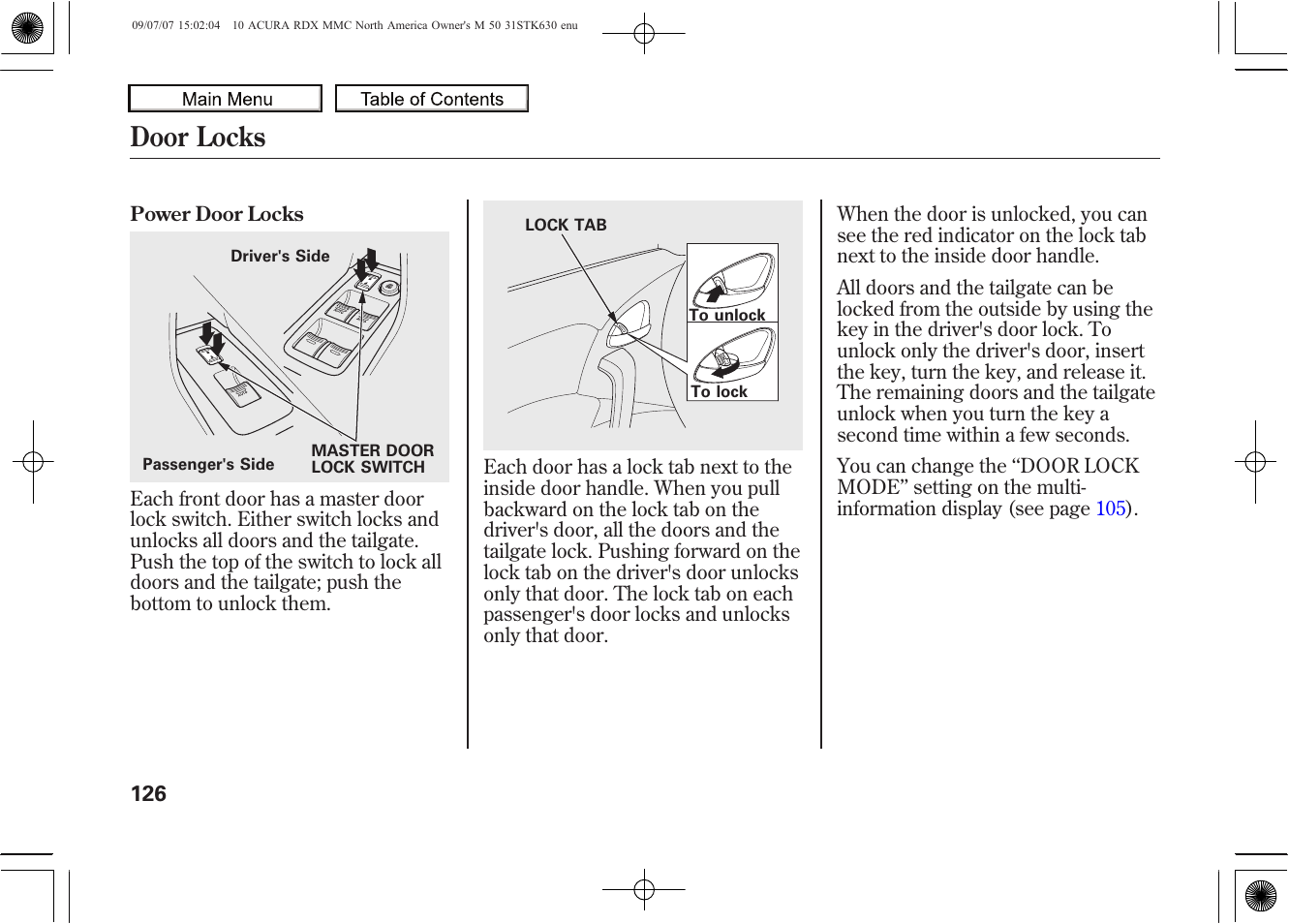 Door locks, 2010 rdx | Acura 2010 RDX User Manual | Page 130 / 514