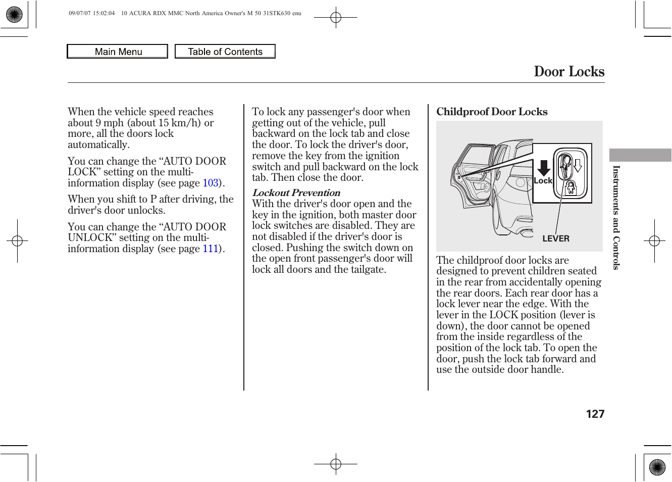 Door locks, 2010 rdx | Acura 2010 RDX User Manual | Page 131 / 514