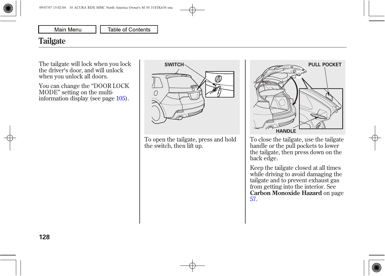 Tailgate, 2010 rdx | Acura 2010 RDX User Manual | Page 132 / 514