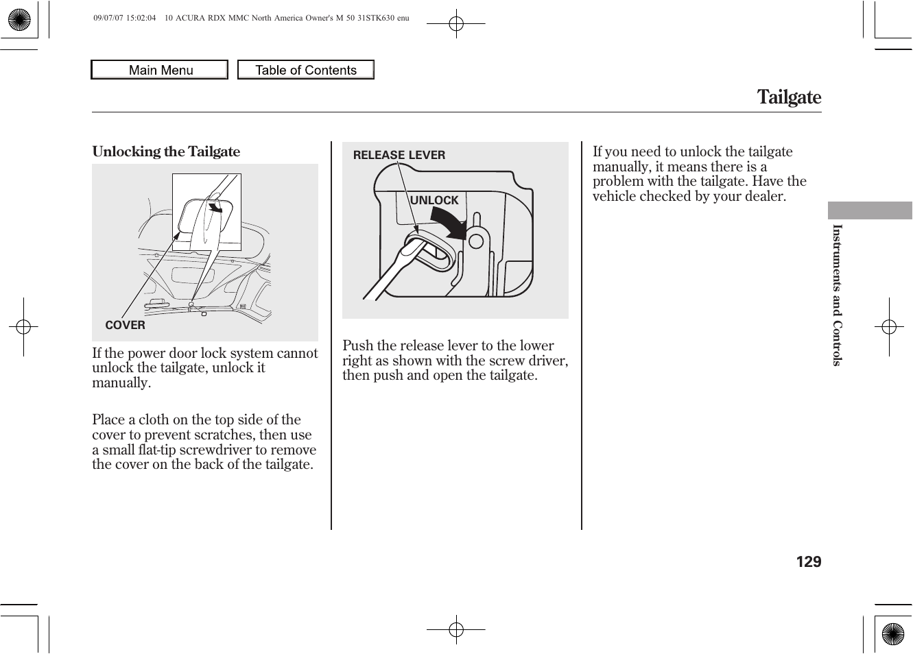 Tailgate, 2010 rdx | Acura 2010 RDX User Manual | Page 133 / 514