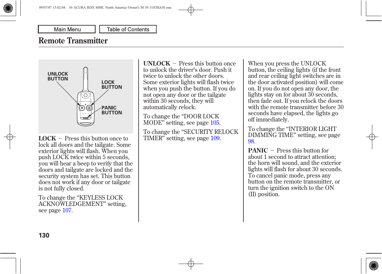 Remote transmitter, 2010 rdx | Acura 2010 RDX User Manual | Page 134 / 514