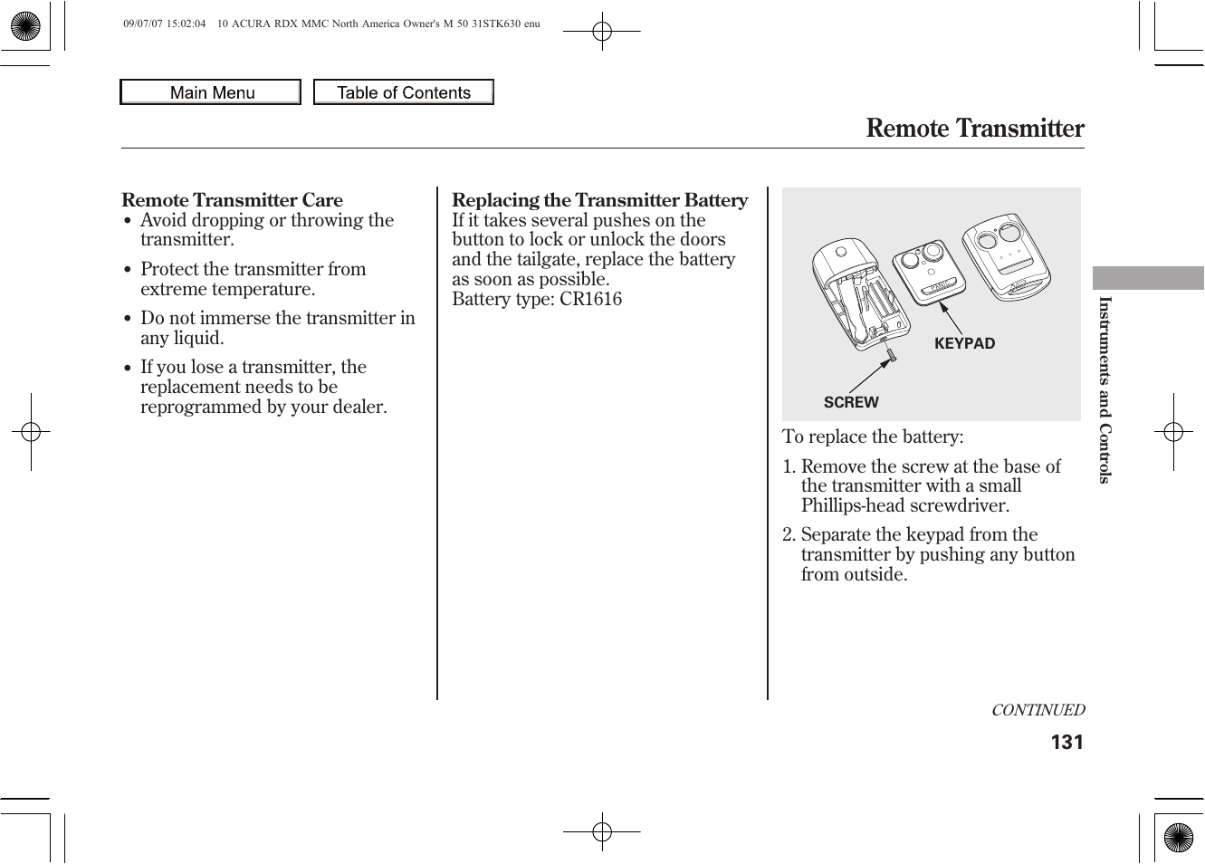 Remote transmitter, 2010 rdx | Acura 2010 RDX User Manual | Page 135 / 514