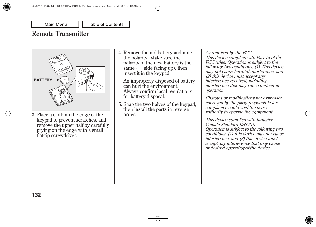 Remote transmitter, 2010 rdx | Acura 2010 RDX User Manual | Page 136 / 514