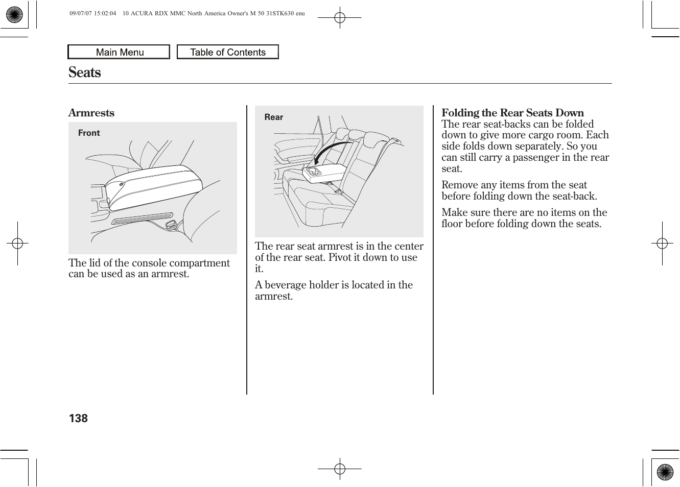 Seats, 2010 rdx | Acura 2010 RDX User Manual | Page 142 / 514