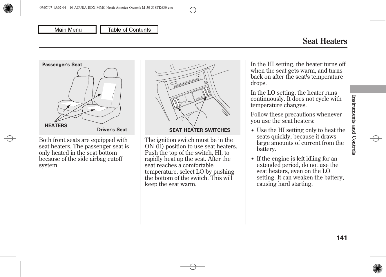 Seat heaters, 2010 rdx | Acura 2010 RDX User Manual | Page 145 / 514