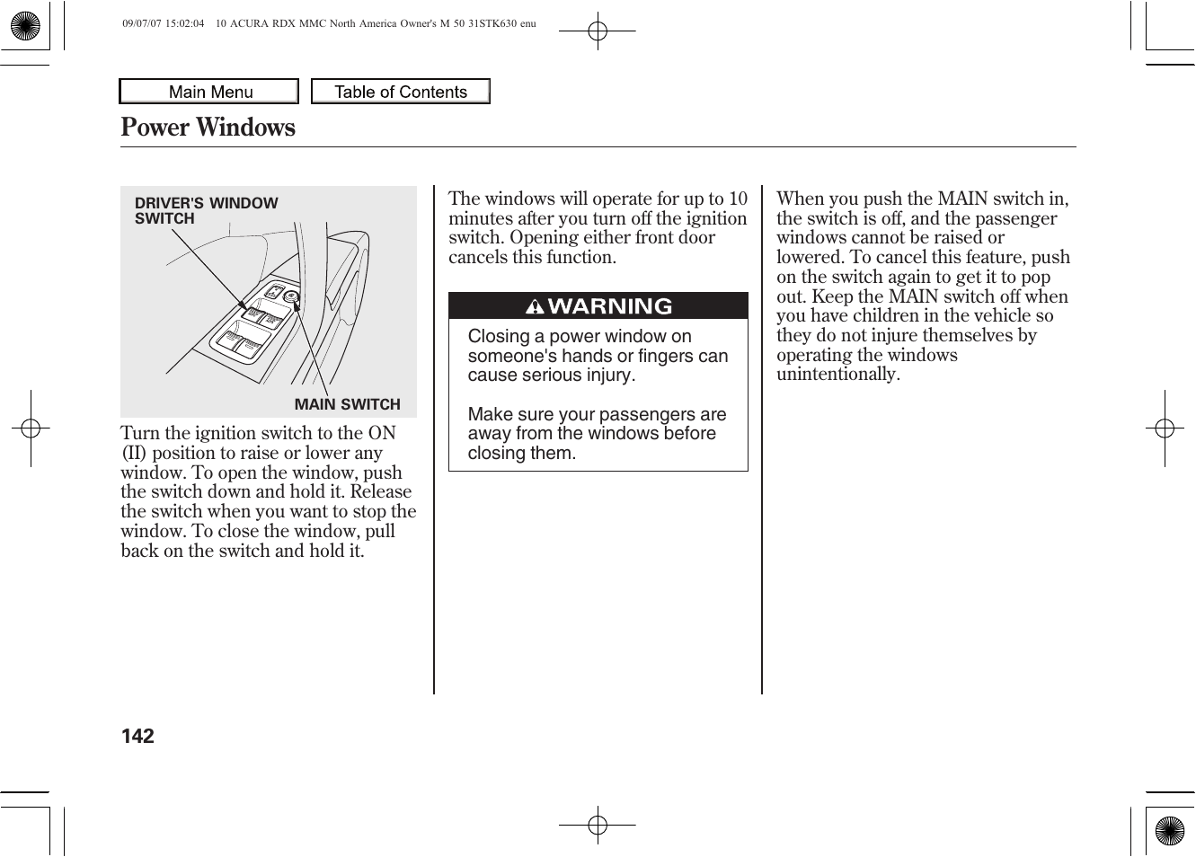 Power windows, 2010 rdx | Acura 2010 RDX User Manual | Page 146 / 514