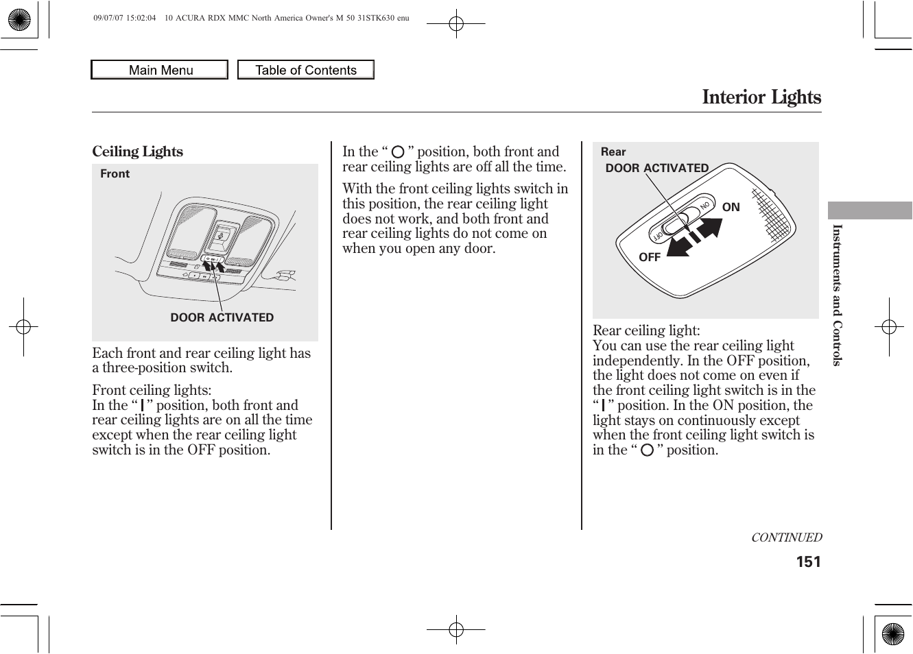 Interior lights, 2010 rdx | Acura 2010 RDX User Manual | Page 155 / 514