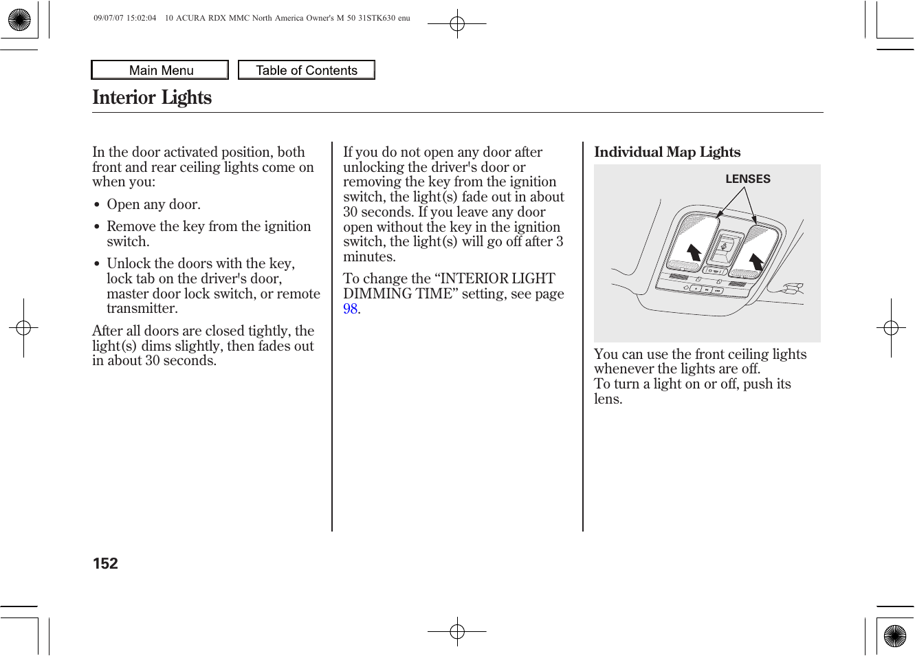 Interior lights, 2010 rdx | Acura 2010 RDX User Manual | Page 156 / 514