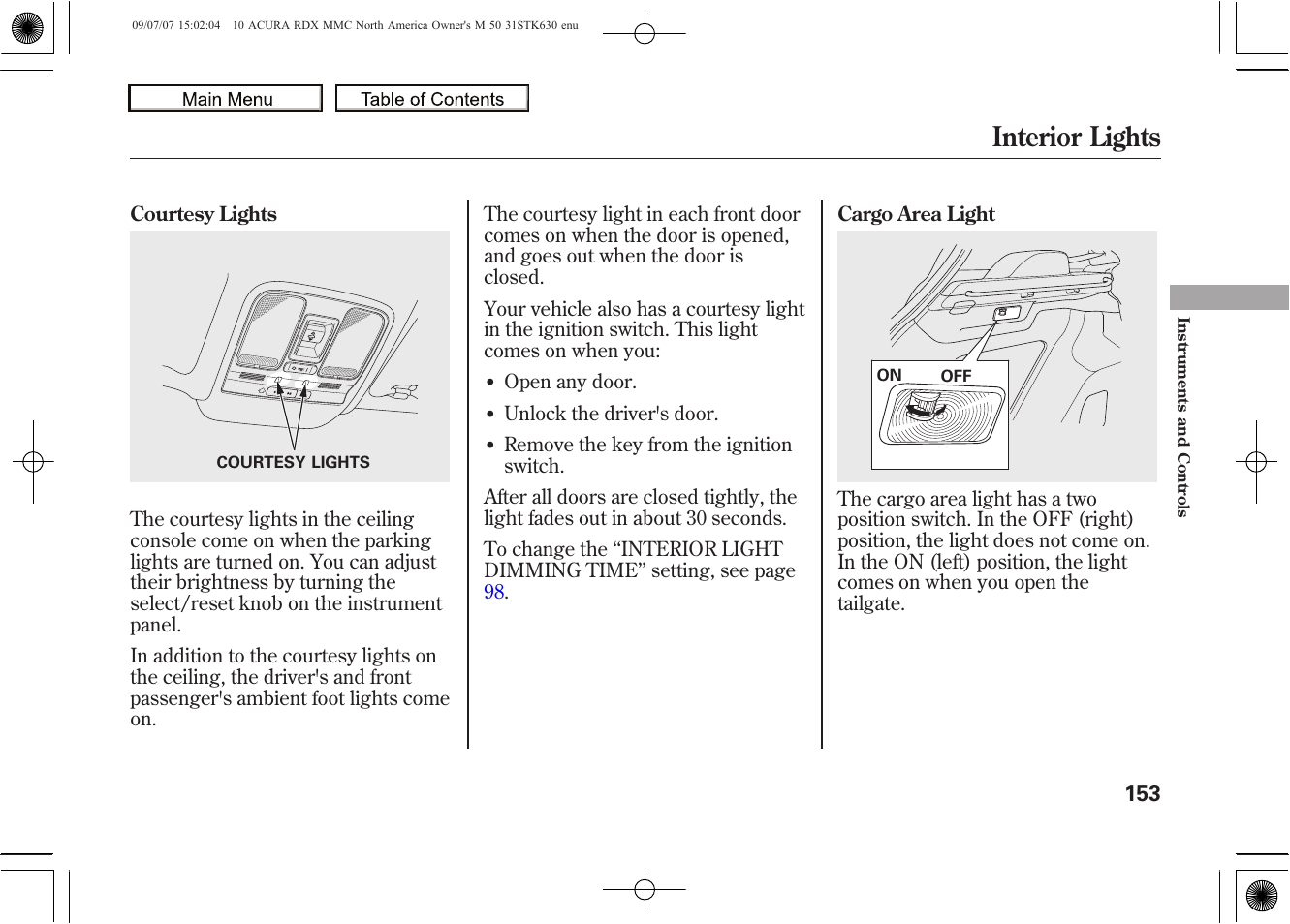 Interior lights, 2010 rdx | Acura 2010 RDX User Manual | Page 157 / 514