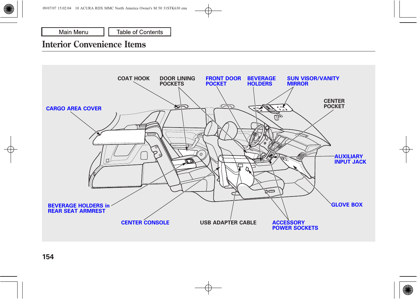 Interior convenience items, 2010 rdx | Acura 2010 RDX User Manual | Page 158 / 514